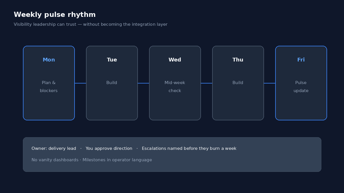 Week strip showing plan, build, mid-week check, and Friday pulse update owned by the delivery lead.